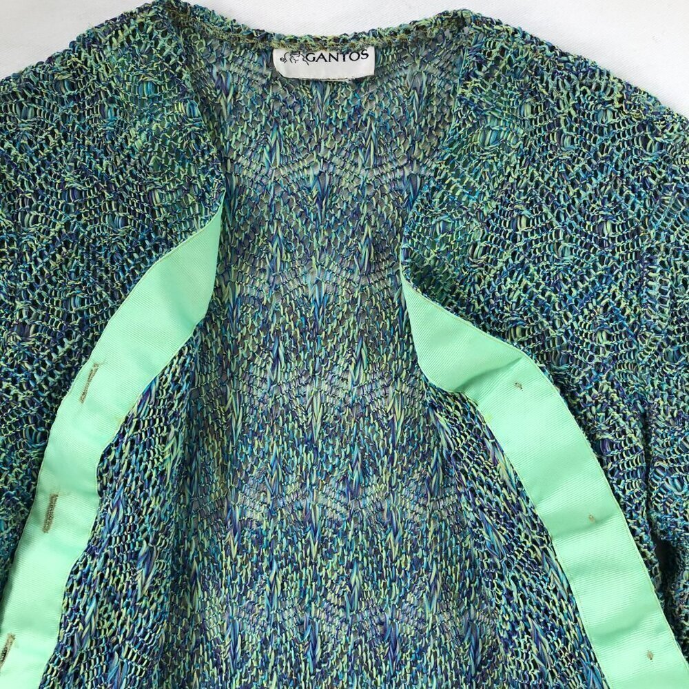 Vintage 90s Gantos Blue Open Knit Cardigan Sweater Medium Artsy Boho - Picture 8 of 14